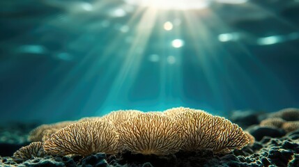 Poster - Marine life microscopic idea. A vibrant underwater scene showcasing coral with sunlight filtering through the ocean.