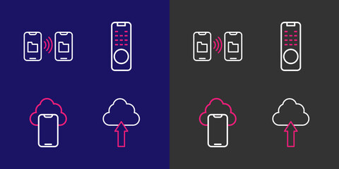 Poster - set line cloud upload, technology data, remote control and data transfer and storage icon. vector