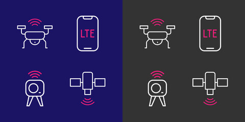 Poster - Set line Satellite, Web camera, LTE network and Smart drone system icon. Vector