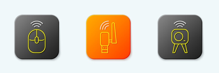 Poster - set line wireless computer mouse, usb wireless adapter and web camera icon. vector
