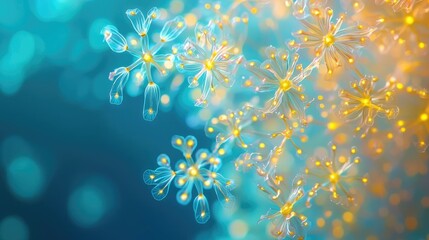 Aufkleber - Microscopic ocean life idea. Beautiful close-up of delicate snowflakes with a sparkling blue and gold background.