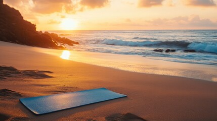 Poster - A yoga mat spread on a sandy beach, with the sun setting over the ocean, casting warm golden light for a peaceful, beachside yoga experience