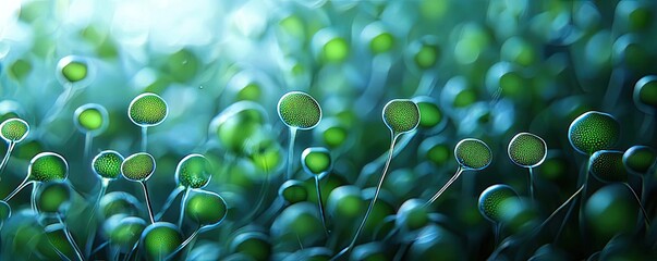 Poster - Marine life microscopic idea. Close-up of vibrant green plant life with soft lighting and delicate details.
