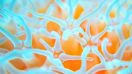 Poster - Microscopic ocean life idea. Close-up view of vibrant coral structures showcasing intricate patterns and colors.