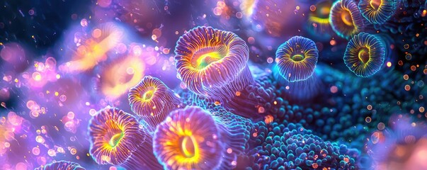 Poster - Coral reefs microscopic concept. A vivid underwater scene showcasing colorful coral and marine life.