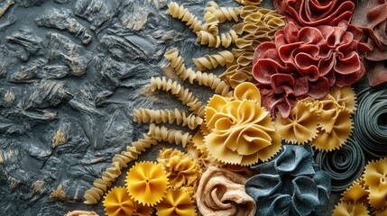 Aufkleber - An assortment of colorful pasta varieties placed on a stone surface, creating a textured and appetizing food composition
