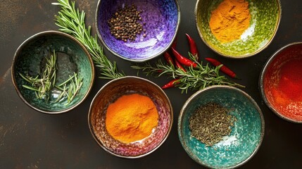 Poster - Bowls of colorful herbs and spices, including turmeric, rosemary, and chili, arranged on a dark background to enhance their vivid hues