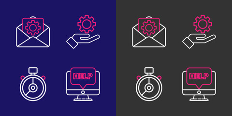 Poster - Set line Computer monitor and help, Stopwatch, Settings in the hand and Envelope setting icon. Vector
