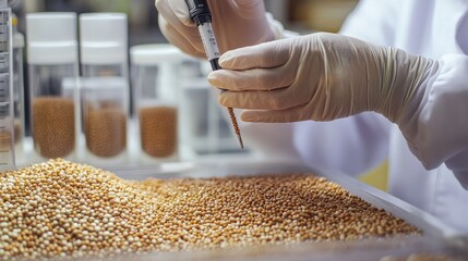 Poster - Close-up of a researcher hands sorting agricultural grains and legumes for analysis, using precise laboratory tools in a scientific setting