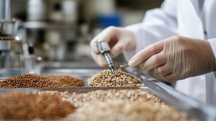 Poster - Close-up of a researcher hands sorting agricultural grains and legumes for analysis, using precise laboratory tools in a scientific setting