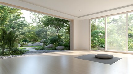 Poster - A serene interior space with large windows overlooking a lush garden, promoting relaxation and tranquility.