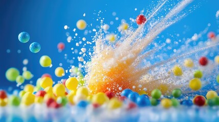 Poster - Close-up of colorful Styrofoam mini balls exploding outward in a burst of motion blur, adding vibrancy and energy to the composition