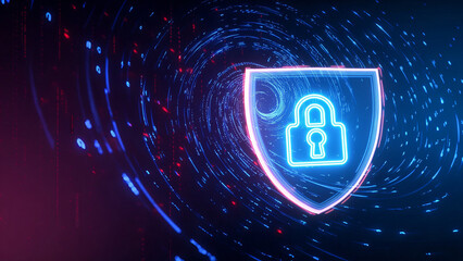 Tornado made of binary code swirling around a glowing shield with padlock symbols, cyber attack red particles colliding with blue defense barriers