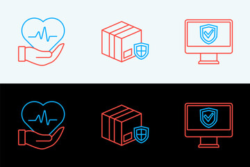 Poster - set line insurance online, life insurance and delivery security with shield icon. vector
