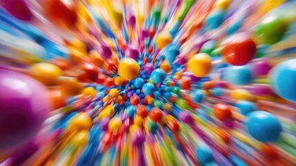 Poster - Colorful Styrofoam mini balls exploding outward in a vibrant motion blur, creating an energetic and visually dynamic image full of life and movement