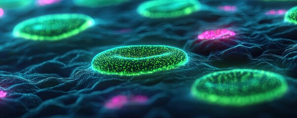 Poster - Marine life microscopic idea. Colorful microscopic view of cells with vibrant details and intricate structures.