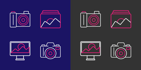 Poster - set line photo camera, retouching, frame and icon. vector