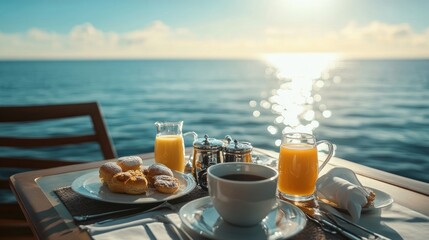 Poster - Elegant breakfast setup on a cruise ship with coffee, juice, pastries, and the bright sun reflecting off the ocean waters