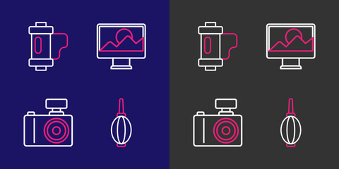 Poster - set line dust blower, photo camera, retouching and camera film roll cartridge icon. vector