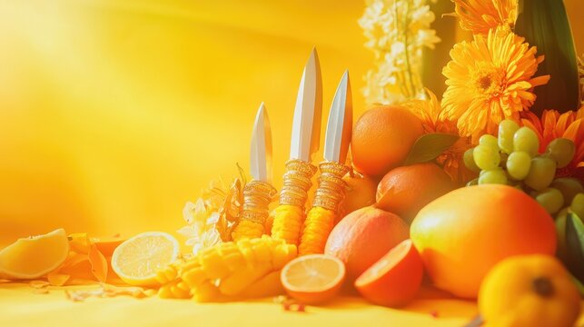 Festive Thaipusam banner with a yellow-orange gradient, decorated kavadi knives, fruits, and flowers arranged for a cultural celebration