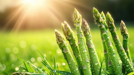 Poster - Fresh green asparagus spears bathed in early morning sunlight, surrounded by dew-covered grass, showcasing the natural beauty of a farm's harvest