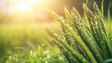 Poster - Fresh green asparagus spears bathed in early morning sunlight, surrounded by dew-covered grass, showcasing the natural beauty of a farm's harvest