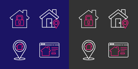Poster - Set line Online real estate house, Location with, and House under protection icon. Vector