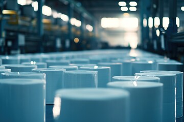 Poster - Factory Production Line Shows Rolls of Paper Moving Efficiently on Conveyors Through the Plant