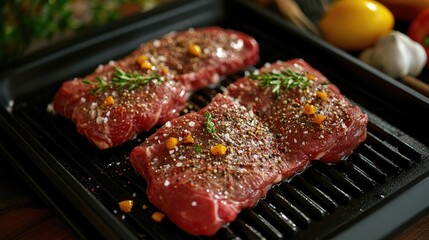 Poster - Fresh raw beef steaks with seasoning and grilling tools arranged for a cooking session, evoking a hearty and flavorful meal