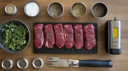 Poster - Fresh raw beef steaks with seasoning and grilling tools arranged for a cooking session, evoking a hearty and flavorful meal