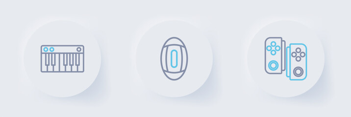 Poster - set line gamepad, american football ball and music synthesizer icon. vector