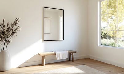Poster - A minimalist interior space featuring a bench, mirror, and potted plant, illuminated by natural light from a large window.