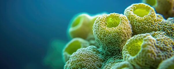 Poster - Marine life microscopic idea. Close-up of coral formations showcasing vibrant colors and intricate textures underwater.