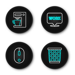 Poster - set line trash can, computer mouse, location with text work and coffee machine icon. vector
