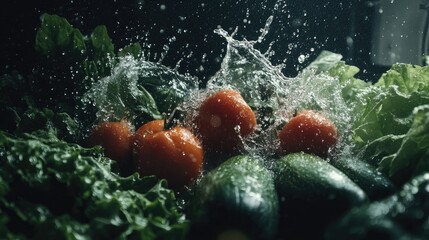 Poster - Fresh vegetables with water splashing dramatically around them, creating a dynamic and vibrant scene of natural freshness