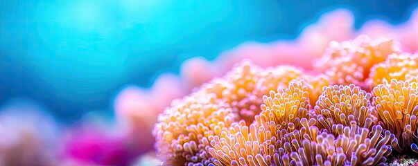 Poster - Coral reefs microscopic concept. Vibrant coral reef showcasing colorful marine life under stunning blue waters.