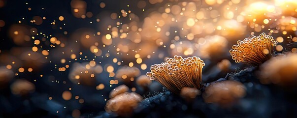 Poster - Coral reefs microscopic concept. Close-up of luminous mushrooms with bokeh effect in a mystical, dark environment.