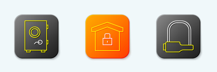 Poster - set line safe, house under protection and bicycle lock icon. vector