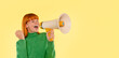 © Iryna - Cheerful woman celebrating with megaphone against  bright yellow backdrop
