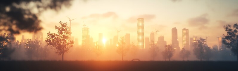 Aufkleber - A serene city skyline at sunrise, bathed in warm sunlight, with silhouettes of buildings and trees in the foreground.