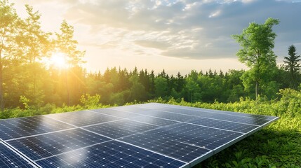 Poster - A serene landscape featuring solar panels in a green field, illuminated by sunlight, surrounded by trees under a cloudy sky.