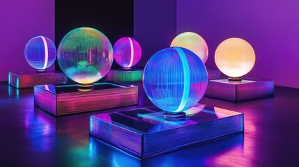 Poster - Neon-colored luminous spheres placed on geometric platforms, creating an artistic high-contrast image filled with vibrant energy and striking designs