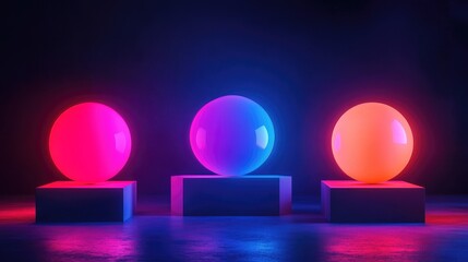 Poster - Neon-colored luminous spheres placed on geometric platforms, creating an artistic high-contrast image filled with vibrant energy and striking designs