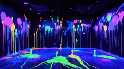 Poster - Neon-colored paint splashes illuminated by blacklight, creating an otherworldly glow and an abstract, vibrant effect in a dark space
