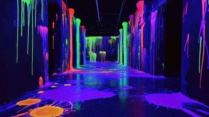 Poster - Neon-colored paint splashes illuminated by blacklight, creating an otherworldly glow and an abstract, vibrant effect in a dark space