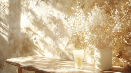 Wall Mural - serene scene featuring glass of beverage beside vase of dried flowers on wooden table, illuminated by soft sunlight against textured wall