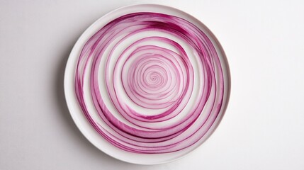 Poster - Thin slices of red onion arranged in concentric circles on a white ceramic plate, showcasing their vivid color and delicate texture