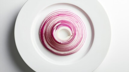 Poster - Thin slices of red onion arranged in concentric circles on a white ceramic plate, showcasing their vivid color and delicate texture