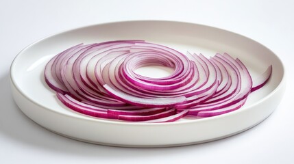 Poster - Thin slices of red onion arranged in concentric circles on a white ceramic plate, showcasing their vivid color and delicate texture