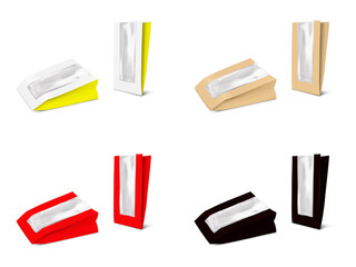 Wall Mural - food paper transparent window bag. realistic 3d vector mockup set. black, red, kraft, white, yellow 